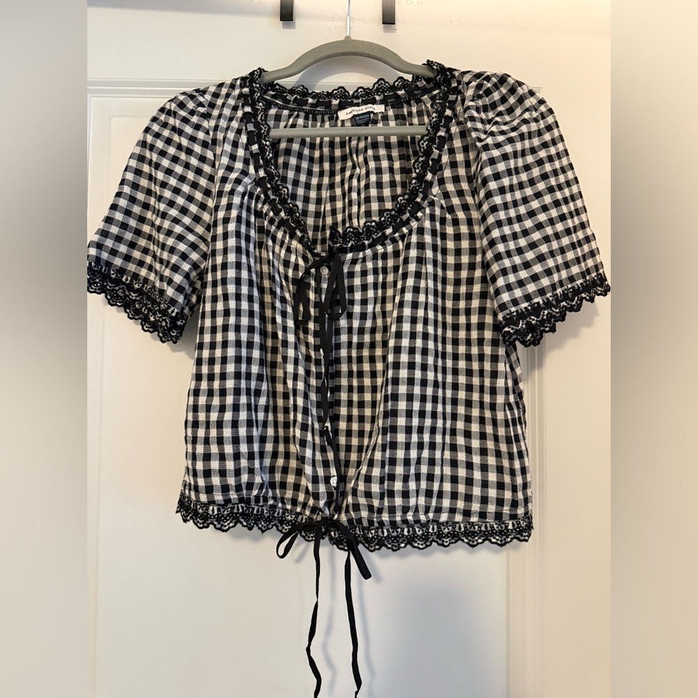 American Eagle Outfitters Black and White Gingham Lace-Trim Crop Top - Picture 1 of 4